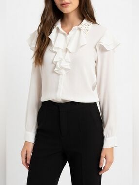 Zara Cream Embellished Collar Ruffle-Front Blouse ✨